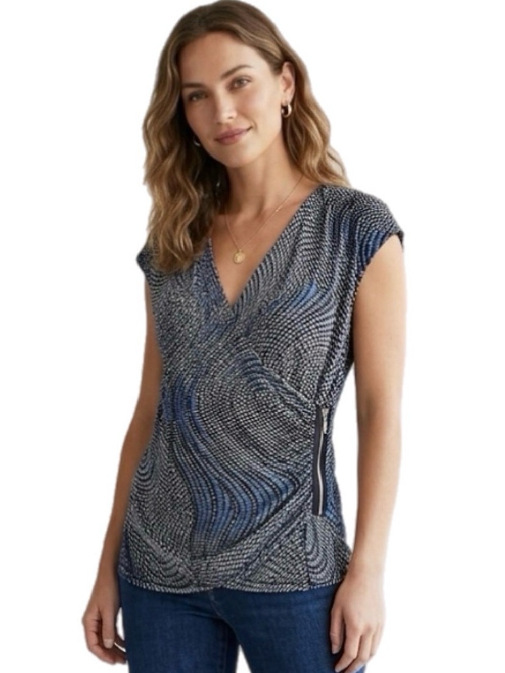 XL Ellen Tracy Navy and White Swirl Cap-Sleeve V-Neck Blouse Top Business Casual